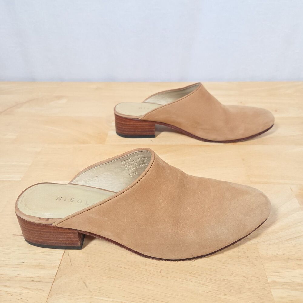 Nisolo Mariella Mules Women's Sz 7.5 Tan Nubuck Leather Block Heel Slip On Shoes